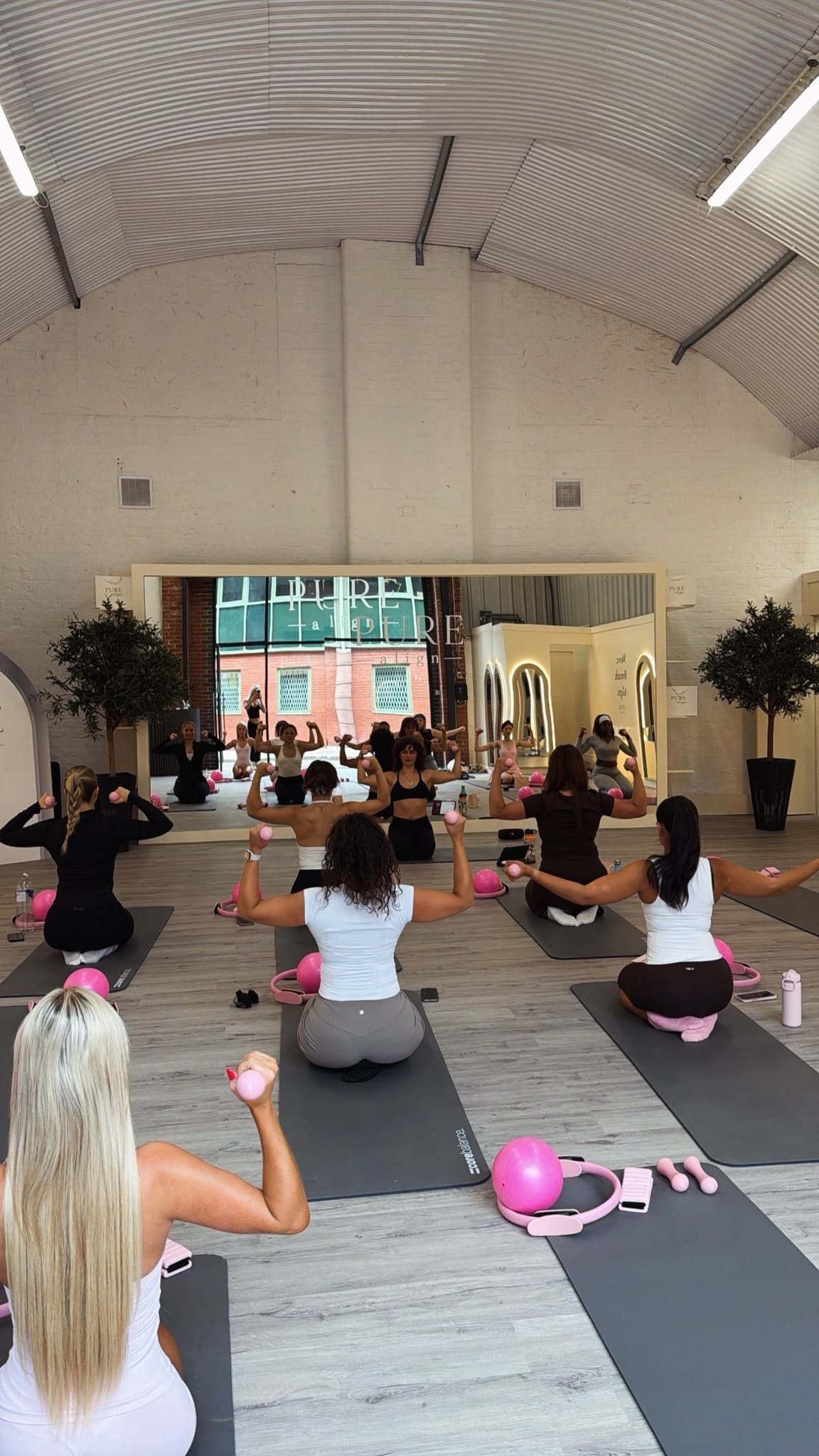 Class members sculpting with pink hand weights in front of the studio mirror